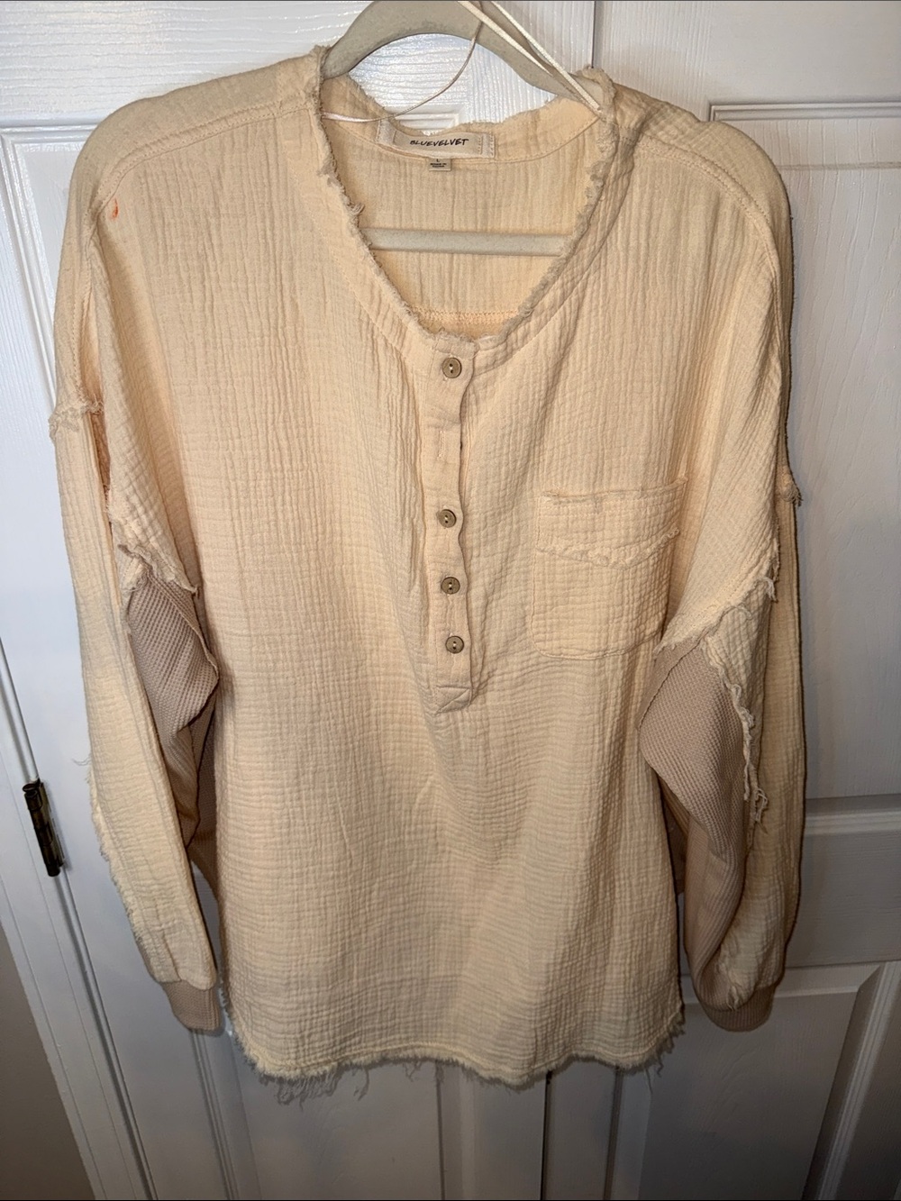 Blue Velvet Long-Sleeve Henley in Cream